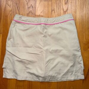 Vintage Lilly Pulitzer Golf Skort Tan Khaki Pink Trim Palm Tree Logo Pickleball
